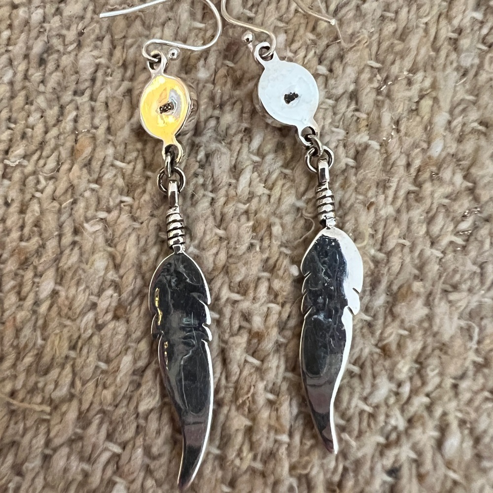 ❤️ Queen Pink Conch Navajo Southwestern 925 Dangle Feather Earrings 6.6Gm 2.76”L - Picture 5 of 16